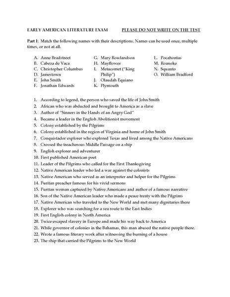 Unit Exam, Early American Literature