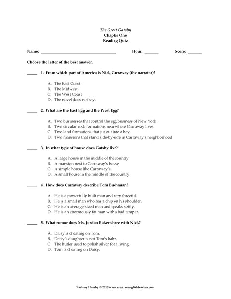 The Great Gatsby Reading Quizzes