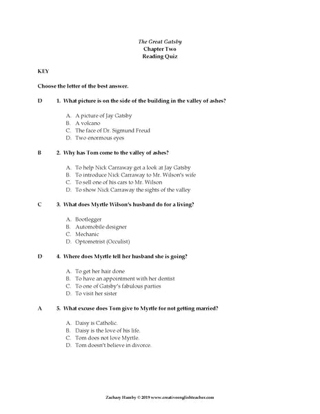 The Great Gatsby Reading Quizzes