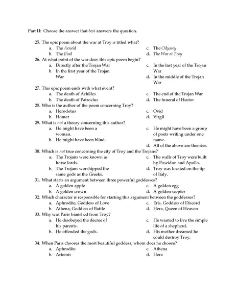 Unit Exam, Greek Mythology: The Trojan War
