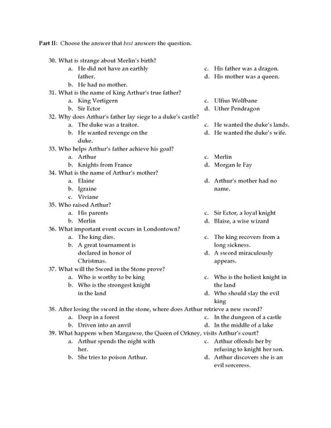 Unit Exam: King Arthur and the Knights of the Round Table