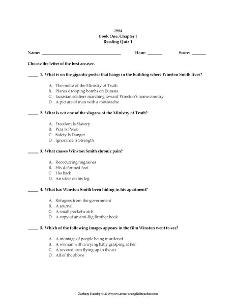 1984 by George Orwell Reading Quizzes