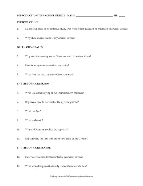 Introduction to Ancient Greece Reading Packet + Questions + Key
